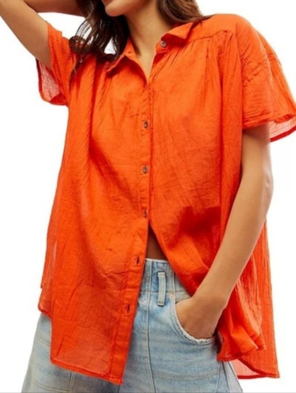 NWOT Free People Float Away Button Front Short Sleeve Shirt XS Orange